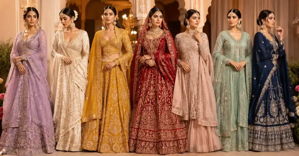 Elegant woman wearing a designer Indian dress featuring intricate embroidery and luxurious fabric, showcasing the latest 2026 ethnic fashion trends for weddings, festive celebrations, and special occasions.