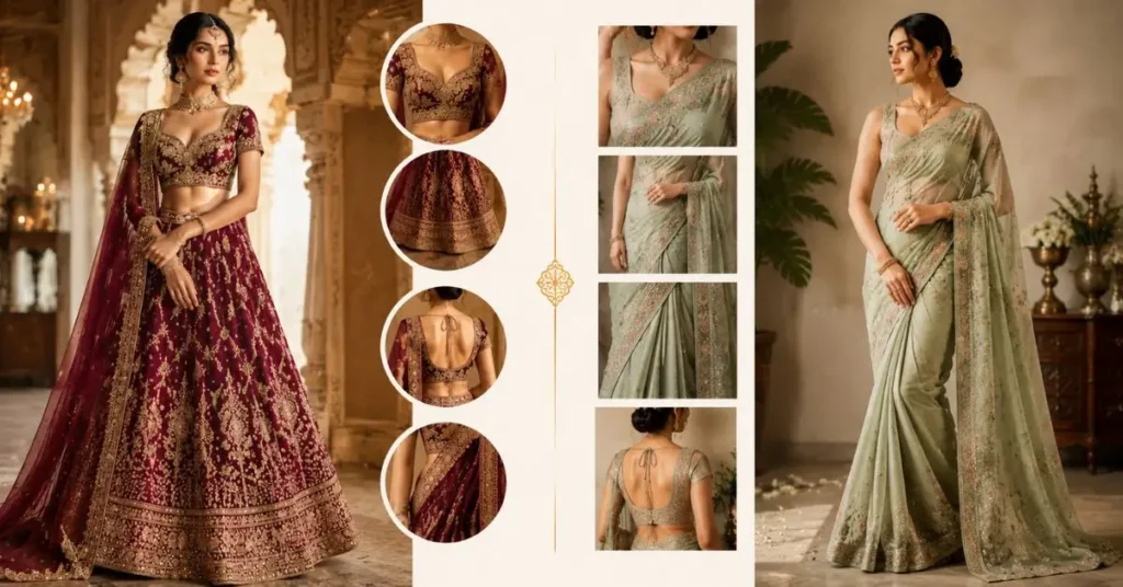 Difference between lehenga and saree shown side by side, comparing their design, draping style, comfort, and traditional look for weddings and festive occasions.