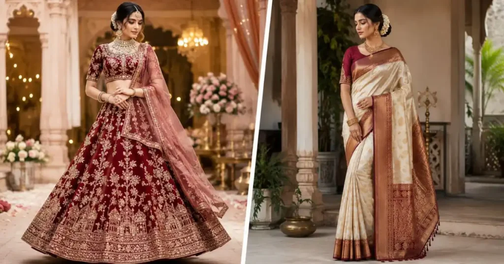 Difference Between Lehenga and Saree comparison featuring a traditional embroidered lehenga and an elegant silk saree displayed side by side for wedding and festive fashion styling.