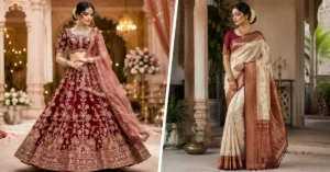 Difference Between Lehenga and Saree comparison featuring a traditional embroidered lehenga and an elegant silk saree displayed side by side for wedding and festive fashion styling.