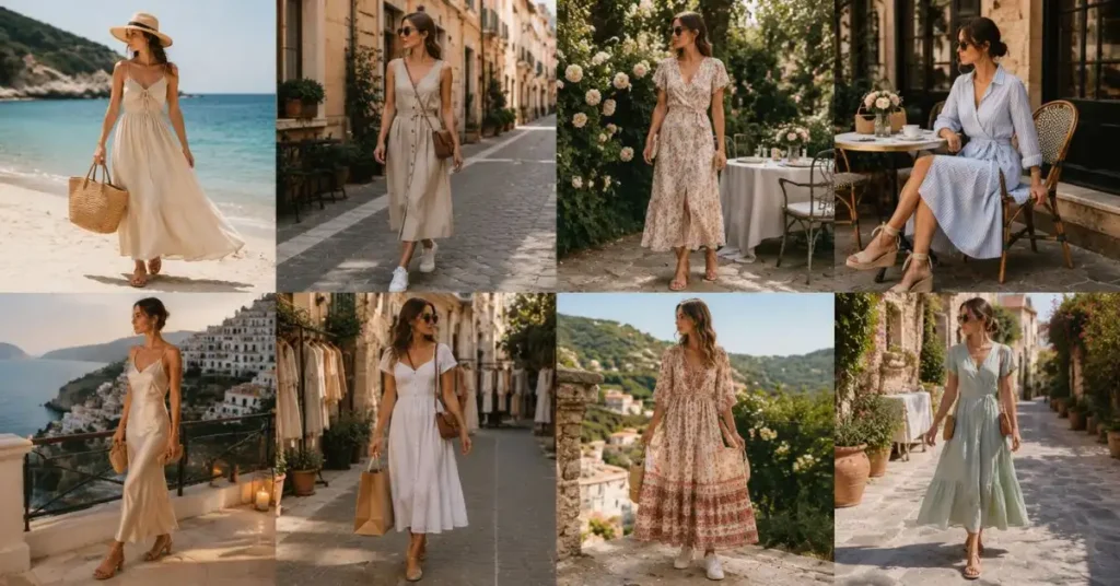 Elegant European summer dresses styled for different occasions, including beach vacations, city sightseeing, garden parties, brunch, shopping, and evening dinners, featuring lightweight fabrics, comfortable footwear, and chic Mediterranean-inspired accessories.
