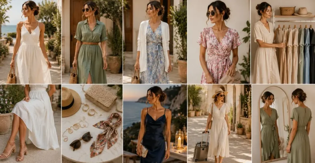 Women styling Australian fashion dresses with breathable fabrics, layered outfits, neutral accessories, belts, elegant footwear, and travel-friendly looks in bright outdoor settings.