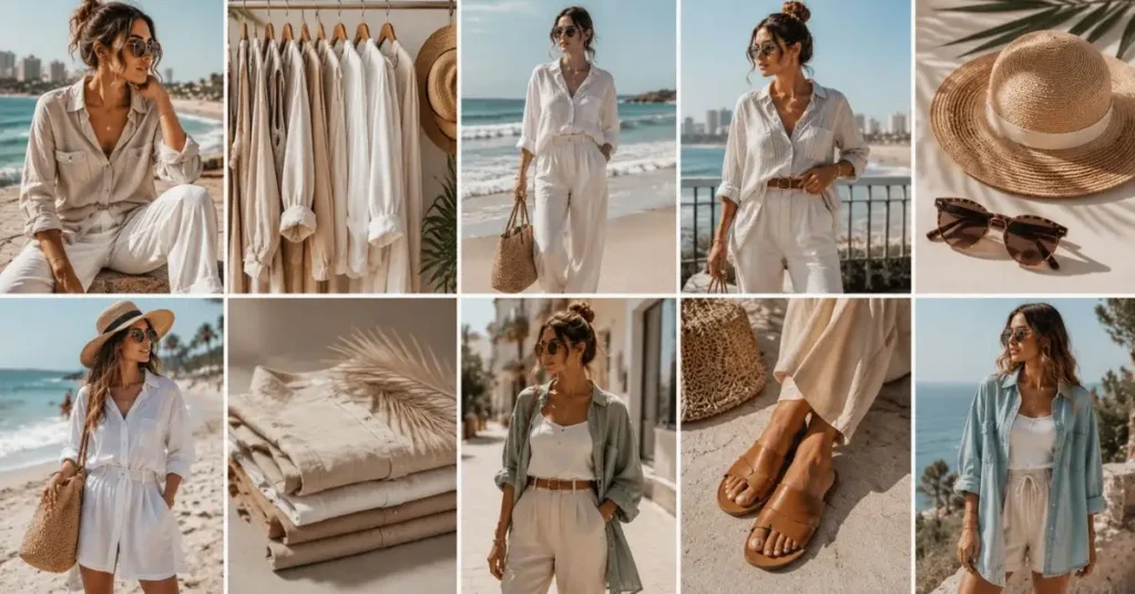 Flat lay and lifestyle collage featuring breathable linen clothing, monochromatic summer outfits, leather slides, straw hats, sunglasses, woven bags, and lightweight chambray layers, showcasing expert Australian summer fashion styling tips for 2026.