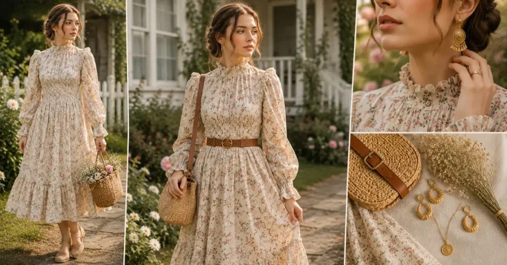 Woman wearing a prairie-style dress styled with a woven handbag, statement earrings, a waist belt, and minimal accessories in a charming cottage garden setting.