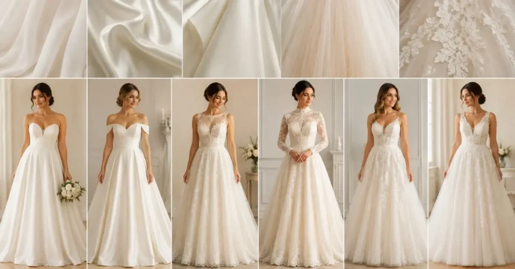 Elegant A-line wedding dresses featuring lace, satin, chiffon, and tulle fabrics with sweetheart, V-neck, off-the-shoulder, and illusion necklines.