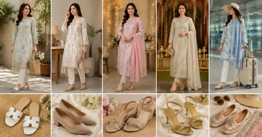Collection of stylish lawn outfits paired with flat sandals, block heels, wedge sandals, embroidered khussas, pumps, and comfortable travel shoes, illustrating the best footwear choices for different summer occasions.