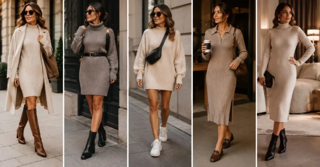 Sweater dress styled with versatile footwear, including knee-high boots, ankle boots, chunky sneakers, loafers, and heeled pumps, showcasing outfit ideas for casual, office, and evening occasions.