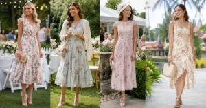 Garden Party Dress Ideas for Women in the USA, Canada, UK & Thailand: Elegant women wearing floral and pastel garden party dresses in beautiful outdoor settings, showcasing stylish spring and summer outfits with lightweight fabrics, comfortable sandals, hats, and accessories inspired by fashion trends in the USA, Canada, the UK, and Thailand.