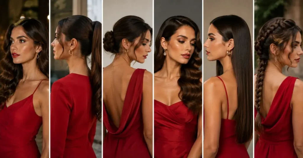 Woman in a red dress showcasing elegant hairstyles, including soft curls, a sleek ponytail, a classic bun, and loose waves, perfectly complementing a stylish red outfit for any occasion.