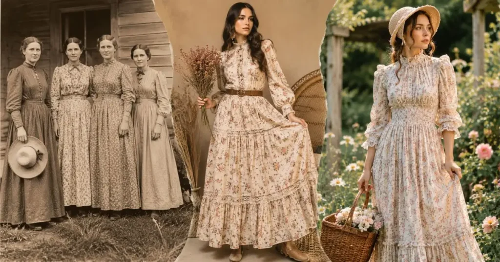 Timeline-style image showing the history of the prairie-style dress, featuring 19th-century pioneer fashion, a 1970s floral prairie dress, and a modern cottagecore-inspired prairie dress in a countryside setting.