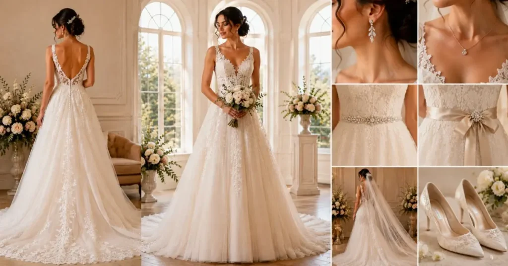 Bride accessorizing an A-line wedding dress with a cathedral veil, pearl jewelry, elegant heels, and a classic bridal bouquet