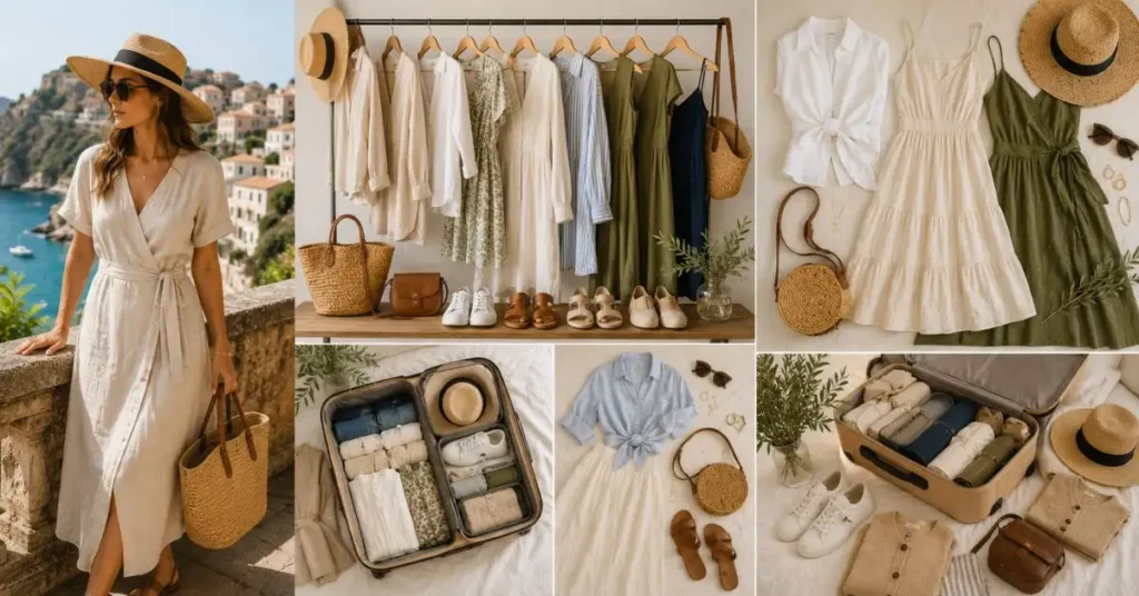 European summer travel capsule wardrobe featuring versatile midi and maxi dresses, sandals, sneakers, woven bags, a straw hat, and neatly packed vacation essentials in a bright Mediterranean-inspired setting.