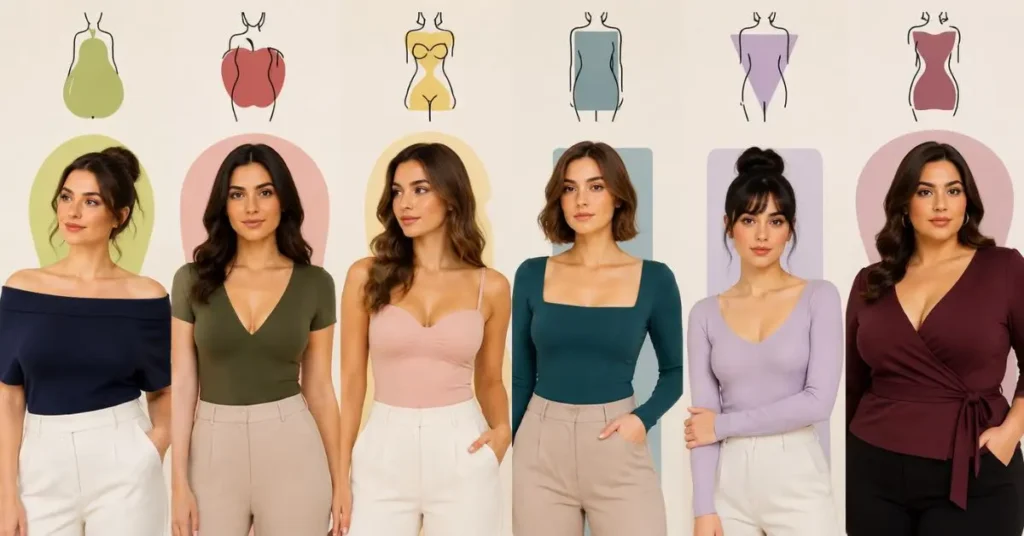 Illustration showing different female body shapes wearing flattering neckline styles, including boat neck, V-neck, sweetheart, square neck, scoop neck, and wrap-inspired designs to help choose the best neckline for each body type.