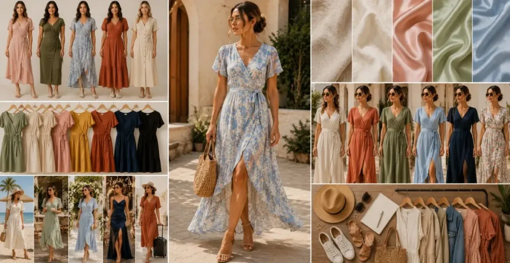 Women wearing Australian fashion dresses in wrap, A-line, midi, and maxi styles with different colors and fabrics, showcasing elegant outfit choices for various body shapes, occasions, and lifestyles.