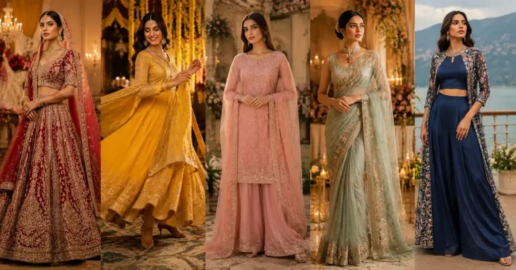 Woman choosing the perfect designer Indian dress for different occasions, including weddings, festivals, parties, and formal events, with elegant fabrics, flattering silhouettes, and timeless ethnic style.