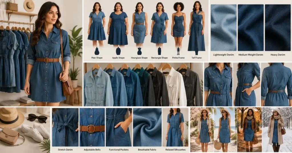 How to choose the right jean dress based on body shape, denim weight, fit, color, and comfort for a flattering everyday look