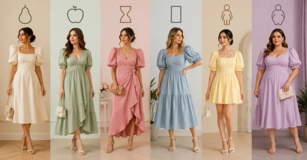 Women with different body shapes wearing flattering puff sleeve dresses, showcasing the best styles for pear, apple, hourglass, rectangle, petite, and plus-size figures.