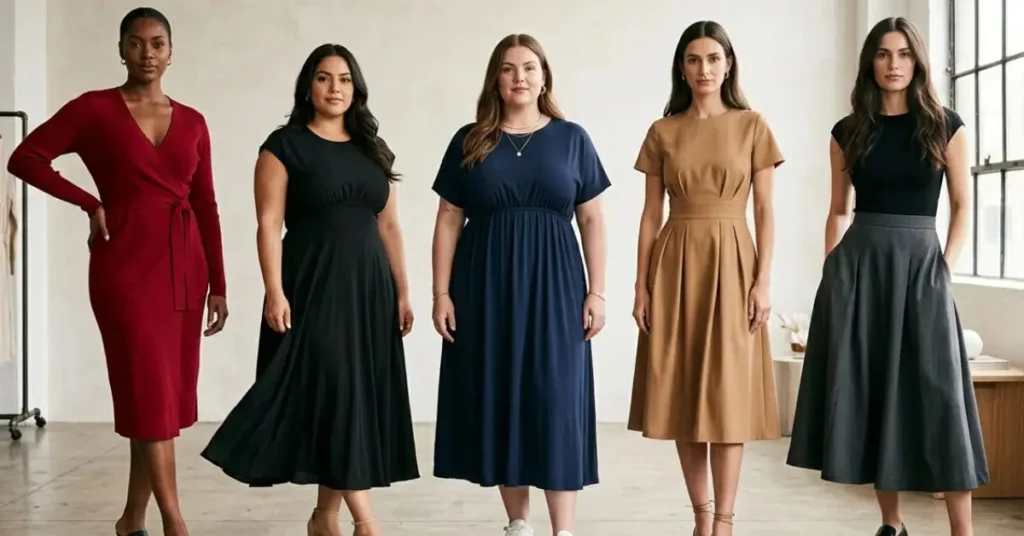 Women with different body shapes wearing flattering long dresses, including A-line, empire waist, belted, fitted waist, slit maxi, and structured styles, demonstrating how to choose the ideal full-length dress for every figure.