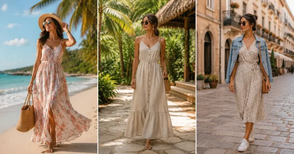Three women wearing vacation dresses for different travel destinations, featuring a beach outfit, a tropical holiday dress, and a stylish European city travel look.
