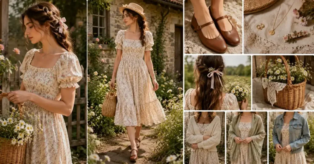 Woman styling a cottagecore dress with Mary Jane shoes, a woven basket bag, delicate jewelry, floral hair accessories, and a lightweight cardigan in a charming countryside garden.