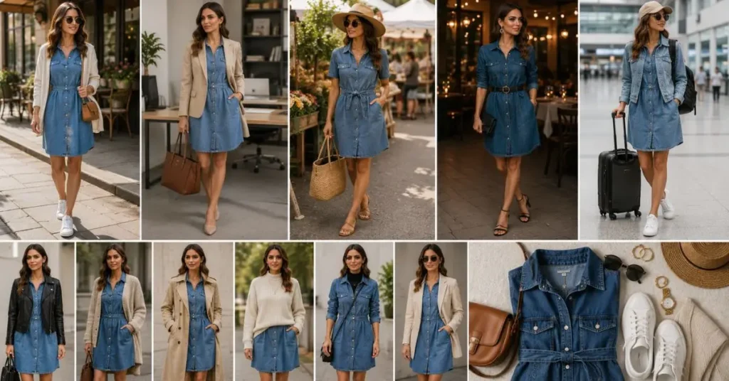 Woman styling a blue jean dress with sneakers, heels, boots, jackets, and accessories for different occasions.