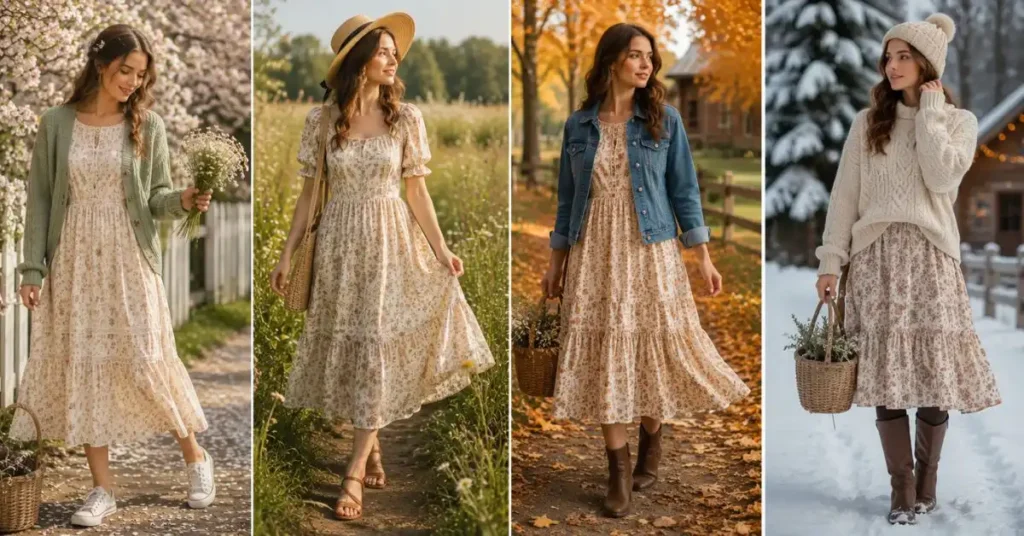 "Four seasonal outfit ideas featuring a woman wearing a prairie-style dress styled with a cardigan and sneakers for spring, sandals and a straw hat for summer, a denim jacket and ankle boots for autumn, and a chunky knit sweater with knee-high boots for winter."