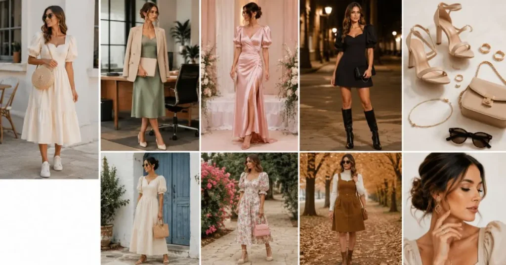 Woman styling a puff sleeve dress with elegant shoes, minimal jewelry, and a handbag for casual, office, wedding, and date night outfits.