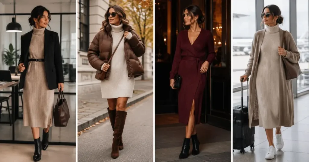 Woman wearing a stylish sweater dress styled for different occasions, including office wear, casual daytime, evening dinner, and winter layering with boots, coat, and elegant accessories.