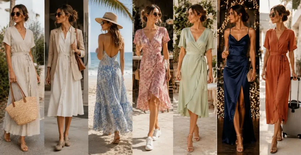 Women styling Australian fashion dresses for casual outings, office wear, beach vacations, brunch, weddings, parties, and travel with elegant accessories in stylish outdoor settings.