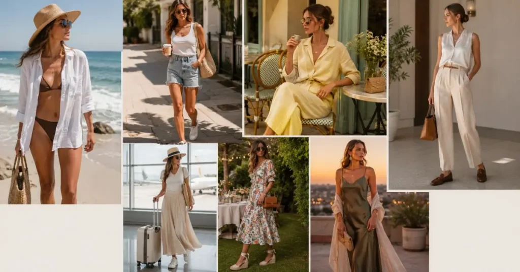 Australian summer fashion styling ideas featuring beachwear, casual denim outfits, linen co-ord sets, lightweight office attire, travel-friendly maxi skirts, floral garden party dresses, and elegant evening looks in warm-weather settings.