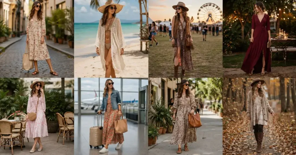 How to style boho dresses for women with layered jewelry, ankle boots, and a wide-brim hat