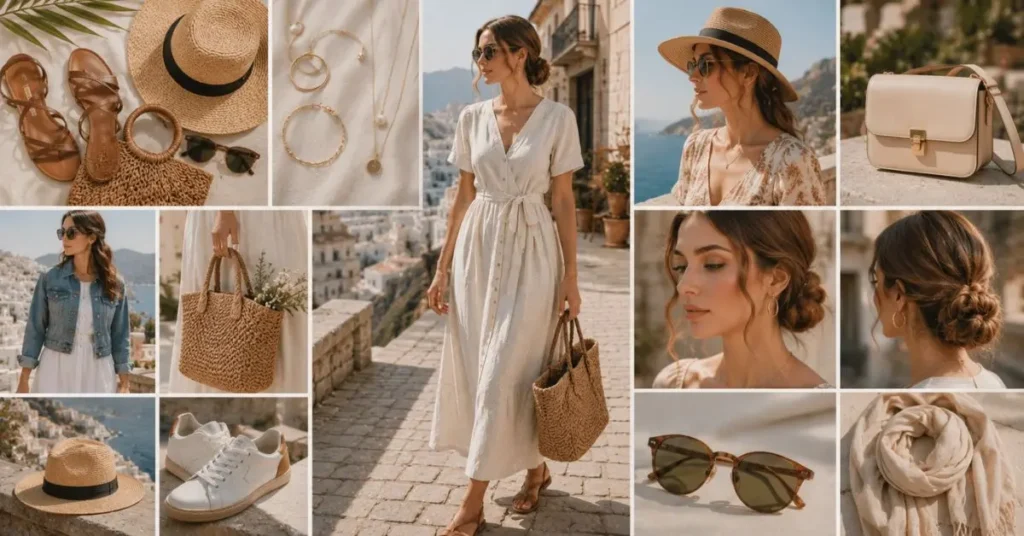 Woman styling European Summer Dresses with straw hat, woven tote bag, leather sandals, sunglasses, delicate gold jewelry, lightweight layers, and natural makeup in a Mediterranean-inspired summer travel setting.