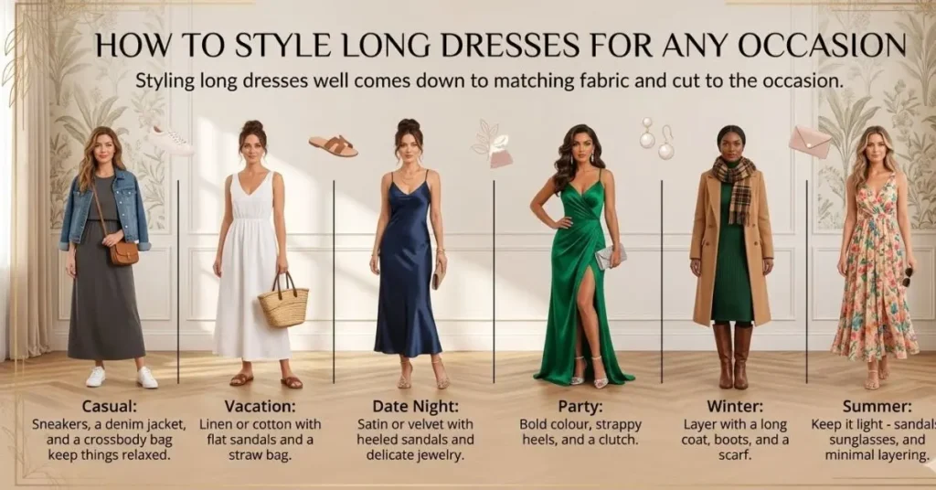 Woman styling a long dress with layered jewelry, a structured handbag, comfortable heels, and a lightweight jacket, creating a chic outfit suitable for both casual daytime and elegant evening occasions.