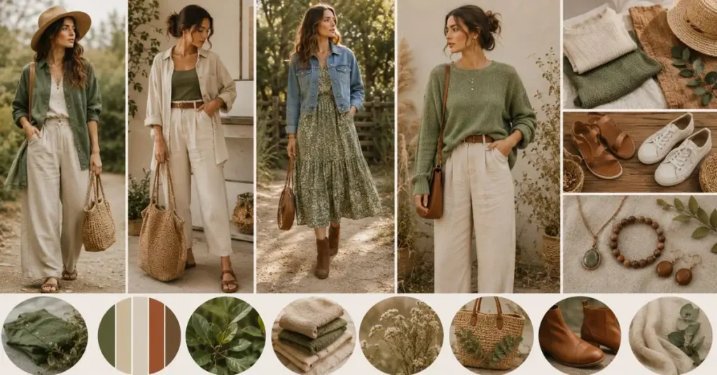 Editorial fashion collage featuring women styling nature-inspired outfits with layered linen and knitwear, earthy color combinations, woven accessories, leather sandals, ankle boots, canvas sneakers, and minimalist jewelry in a serene outdoor setting.