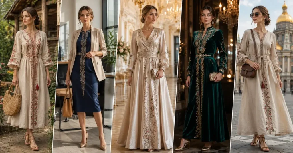 Women styling Russian-inspired dresses for casual, office, wedding guest, evening, and travel looks with elegant accessories and embroidered details.