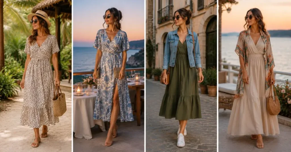 Women styling vacation dresses with sandals, handbags, sunglasses, lightweight layers, and accessories for beach holidays, city sightseeing, and elegant evening travel looks.