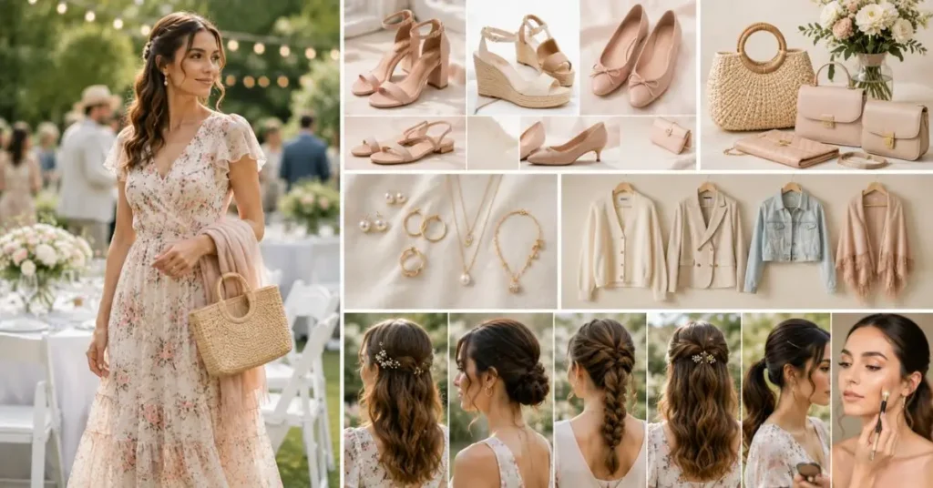 Elegant woman wearing a floral garden party dress with a woven handbag and light shawl in a beautiful outdoor garden, alongside stylish accessories including comfortable shoes, pastel handbags, delicate jewelry, lightweight layers, elegant hairstyles, and natural makeup for a polished daytime look.