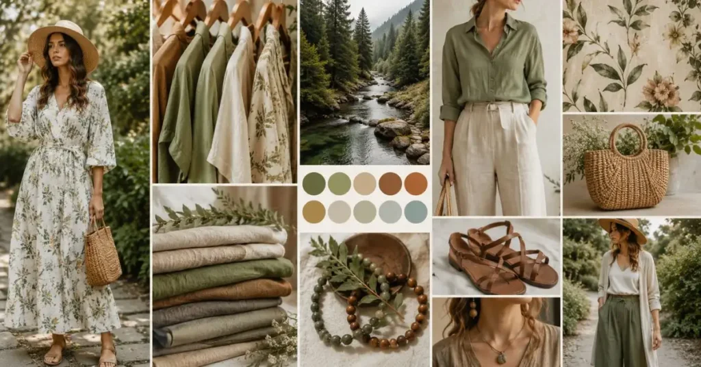 Key Elements of Nature-Inspired Outfits – Flat lay and lifestyle collage featuring earthy color palettes, linen and organic cotton clothing, botanical print garments, flowing silhouettes, straw hats, woven handbags, leather sandals, wooden jewelry, and lush natural landscapes in soft neutral tones.