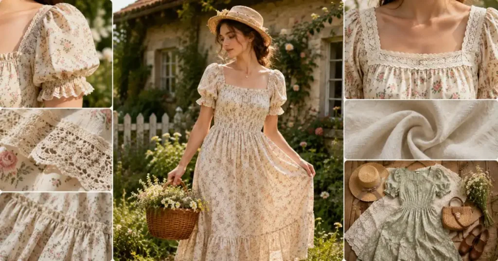 Floral cottagecore dress featuring puff sleeves, a square neckline, lace trim, soft natural fabric, and a flowing midi silhouette in a charming countryside garden setting.
