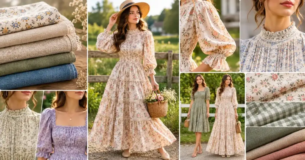 Collage showcasing the key features of a prairie-style dress, including breathable cotton and linen fabrics, puff sleeves, high and square necklines, floral prints, gingham patterns, and flowing midi and maxi silhouettes.