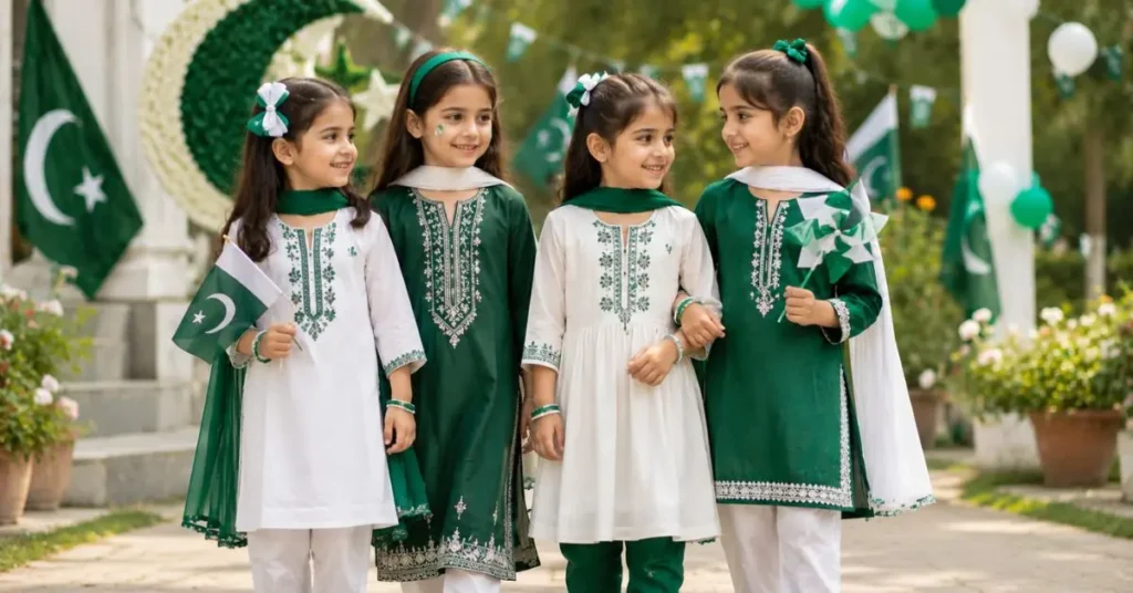 Smiling Pakistani girls wearing comfortable green and white cotton Independence Day outfits with light embroidery, standing outdoors with festive decorations and Pakistani flags, perfect for school performances and 14 August celebrations.