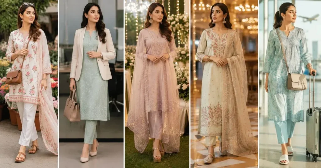 "Five women wearing stylish lawn outfits for different occasions, including casual outings, office wear, family gatherings, festive celebrations, and travel, showcasing lightweight cotton fabric with elegant prints and embroidery."