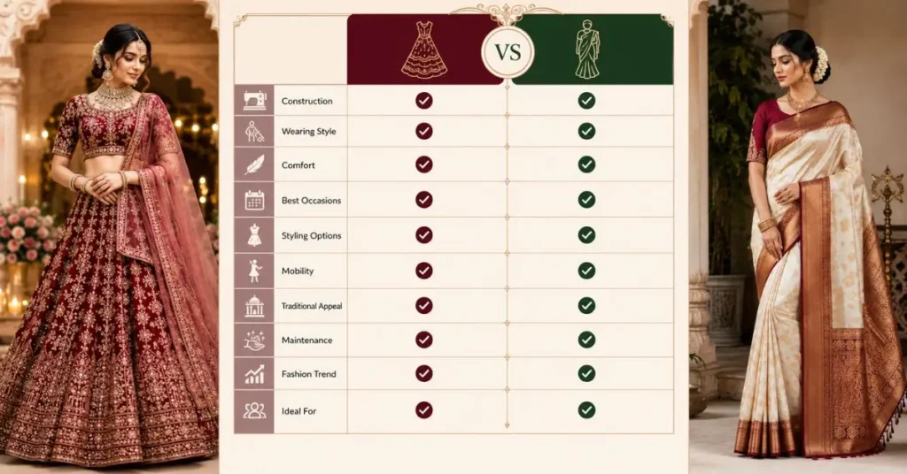 Lehenga vs saree comparison table highlighting key differences in style, draping, comfort, occasions, maintenance, and overall traditional appeal.