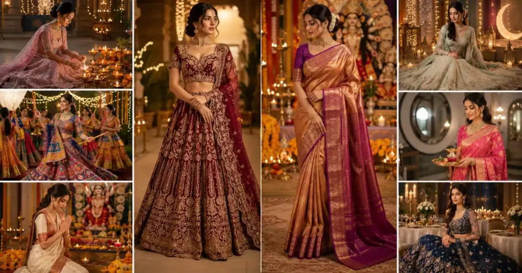 Lehenga vs saree for festivals featuring colorful traditional outfits, comparing comfort, style, and festive elegance for cultural celebrations and special occasions.