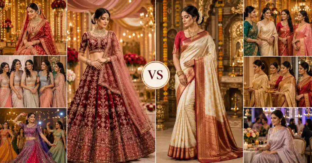 Lehenga vs saree for weddings featuring a bridal lehenga and a traditional wedding saree, comparing elegance, comfort, and style for the big day.