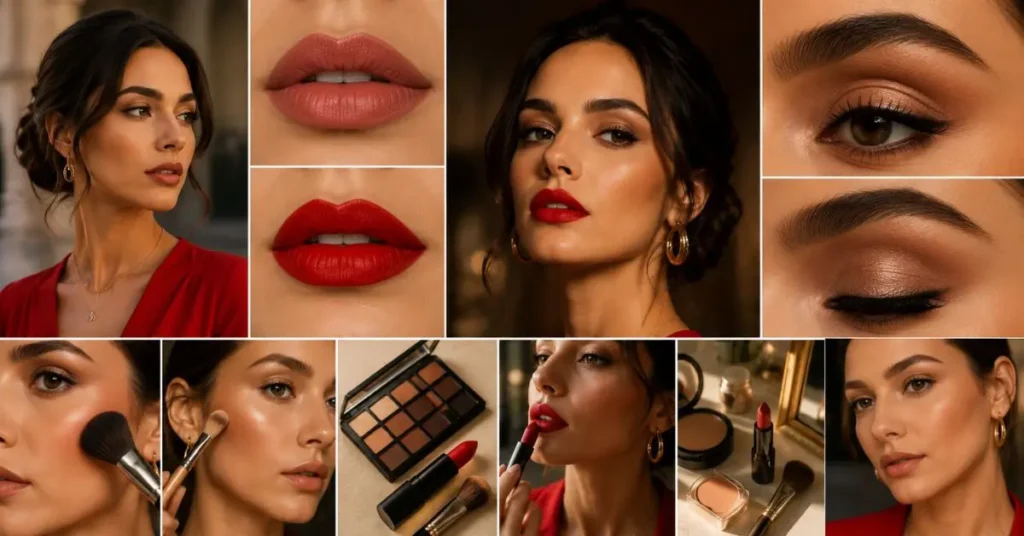 Woman wearing a red dress with elegant makeup featuring flawless skin, soft eye makeup, defined brows, and a complementary lipstick, perfect for completing a stylish red outfit.