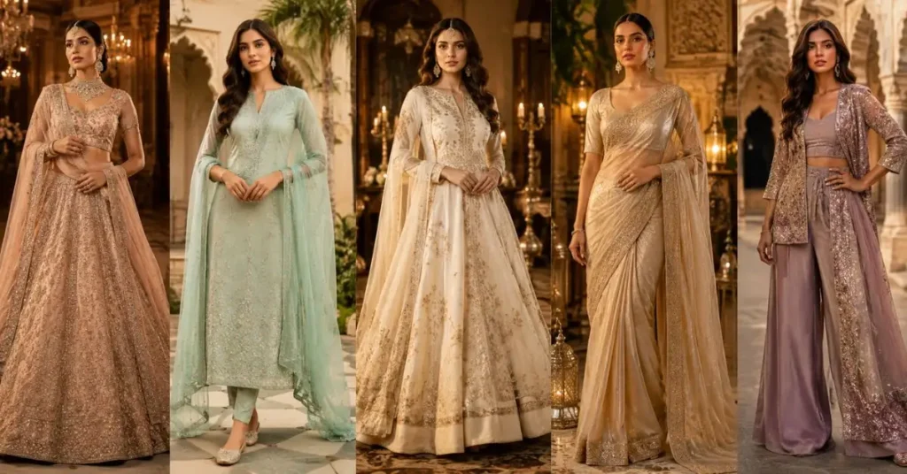 Collection of iconic designer Indian dresses including lehengas, sarees, anarkalis, shararas, and gowns, showcasing elegant styles for weddings, festive celebrations, and special occasions.