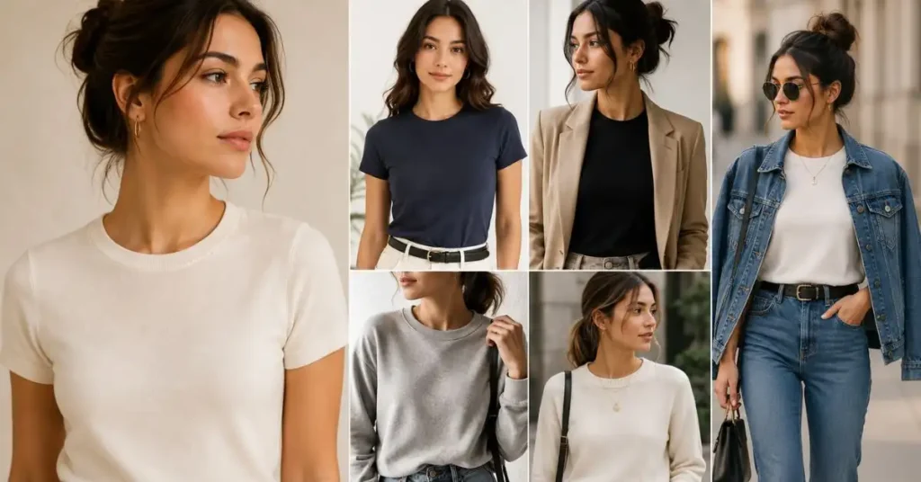 Woman showcasing popular neckline styles, including a classic crew neck, styled with simple accessories and casual fashion to highlight different neckline designs.