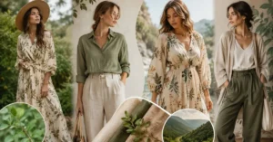 Nature-Inspired Outfits: The Complete Style Guide for Effortless Earthy Fashion – Elegant women wearing nature-inspired outfits in earthy green, beige, and cream tones with botanical prints and breathable linen fabrics, set against a lush outdoor landscape featuring greenery and natural textures.