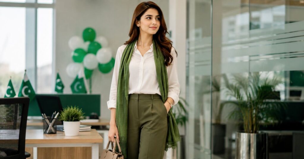 Professional woman wearing a white blouse, olive green trousers, and a matching green scarf in a modern office decorated with subtle Pakistan Independence Day-themed green and white accents.